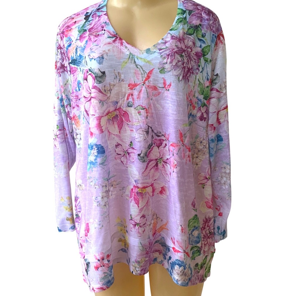 Concepts Women's XL 16-18 Floral V Neck Top Rhinestone Long Sleeve Pink Purple